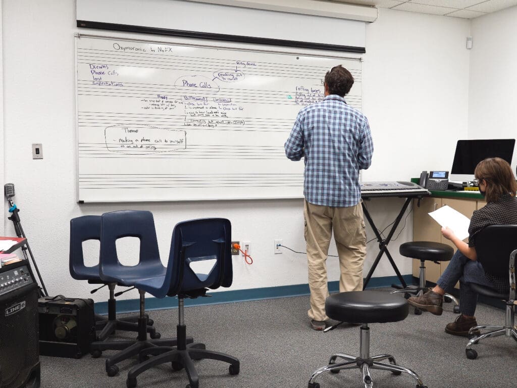 A room with music supplies and a board. Two people occupy the space.